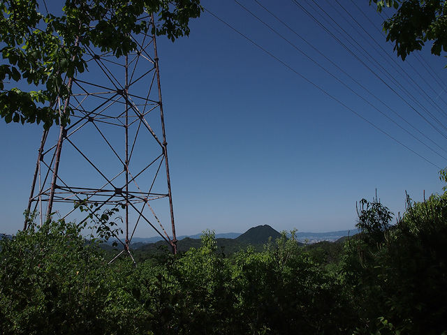 鏡山新道より送電線鉄塔と三上山を望む。
